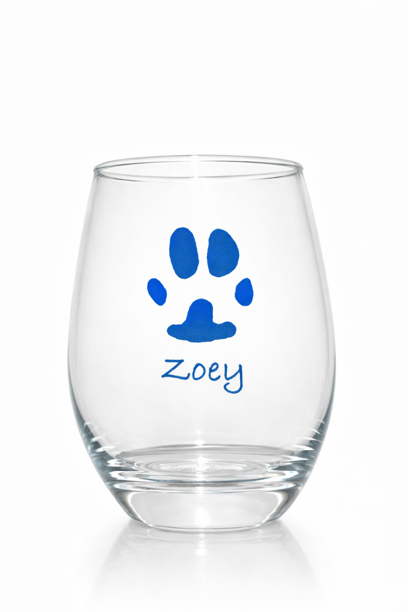 Custom Paw Print Stemless Wine Glass – Made from Your Pet’s Photo